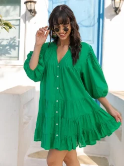 Anna Forest Green Cotton Midi Dress