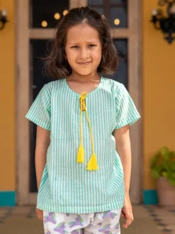 Aqua Stripes Organic Cotton Block Printed Top