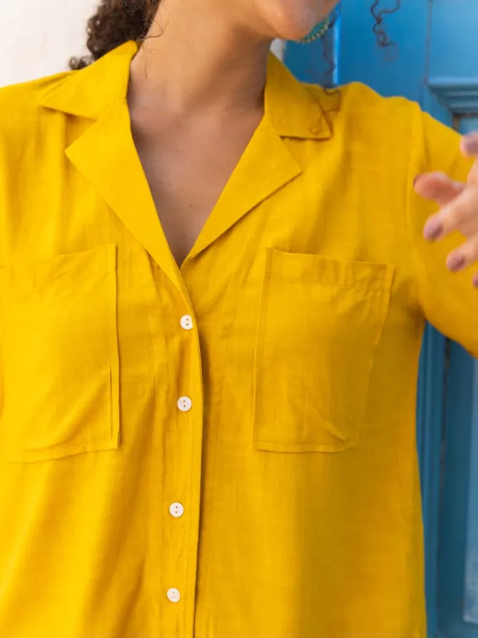 Autumn Solid Yellow Back Slit Shirt
