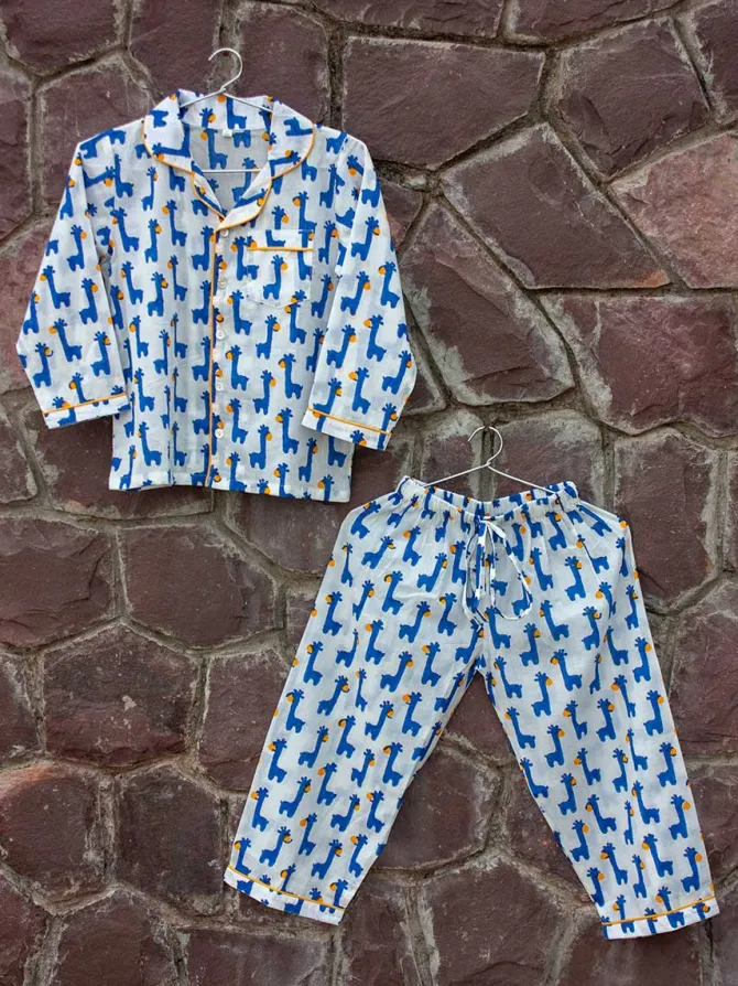 Blue Giraffe Block Printed Cotton Top & Pyjama Set