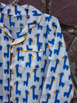 Blue Giraffe Block Printed Cotton Top & Pyjama Set