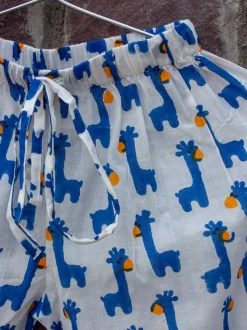 Blue Giraffe Block Printed Cotton Top & Pyjama Set