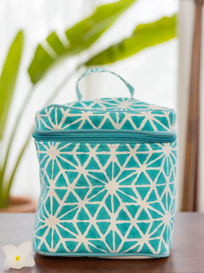 Blue Star Block Printed Cotton Travel Vanity Case