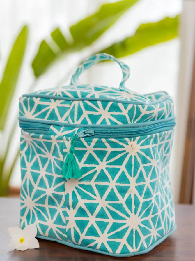 Blue Star Block Printed Cotton Travel Vanity Case
