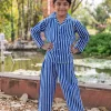 Blue Stripes Block Printed Cotton Top & Pyjama Set