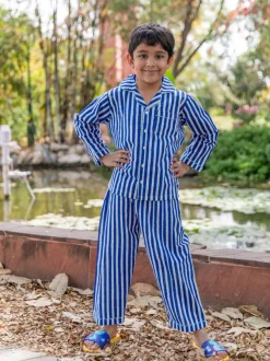 Blue Stripes Block Printed Cotton Top & Pyjama Set