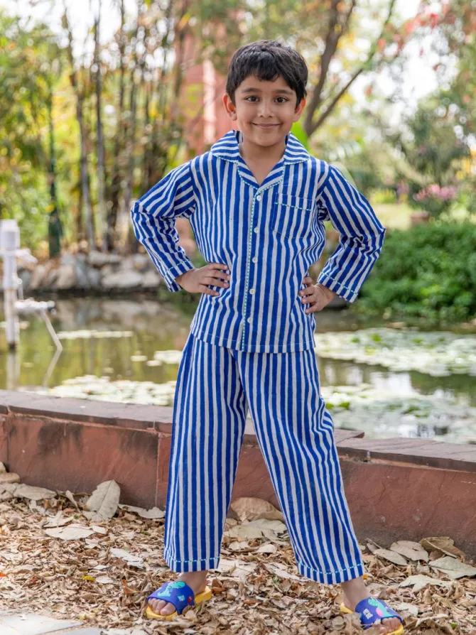 Blue Stripes Block Printed Cotton Top & Pyjama Set