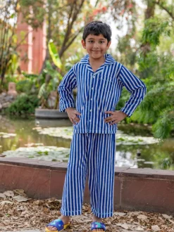 Blue Stripes Block Printed Cotton Top & Pyjama Set