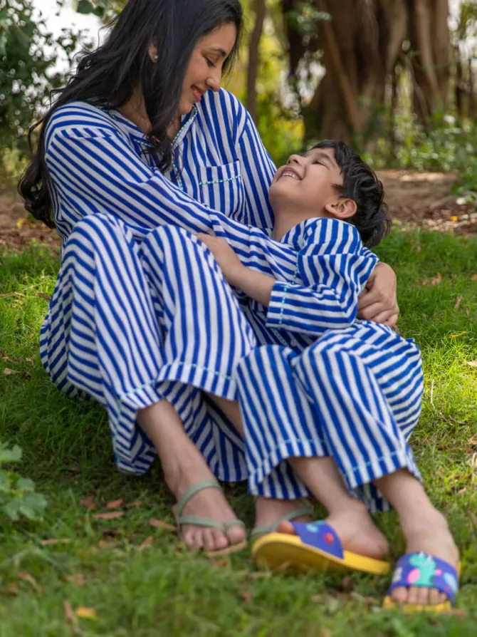 Blue Stripes Block Printed Cotton Top & Pyjama Set