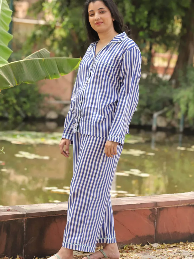Blue Stripes Block Printed Cotton Top & Pyjama Set