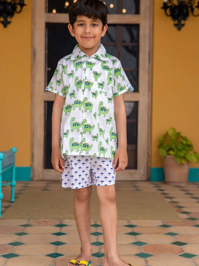 Dino Green Organic Cotton Block Printed Shirt