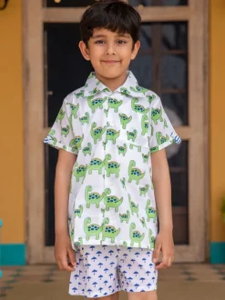 Dino Green Organic Cotton Block Printed Shirt