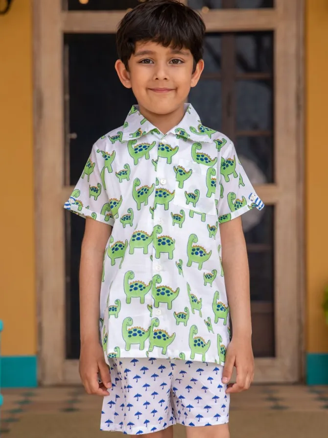 Dino Green Organic Cotton Block Printed Shirt