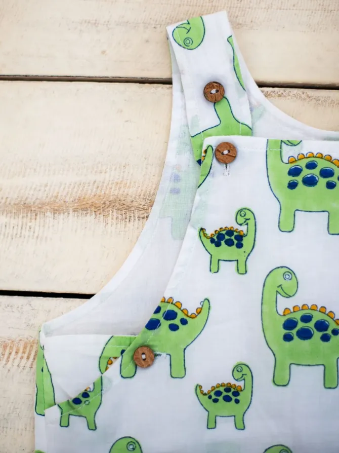 Dino Organic Cotton Block Printed Dungarees