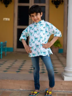 Dino Organic Cotton Shirt Kurta with Roll Up Sleeves