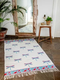 Dragonfly Block Printed Cotton Dhurrie Rug