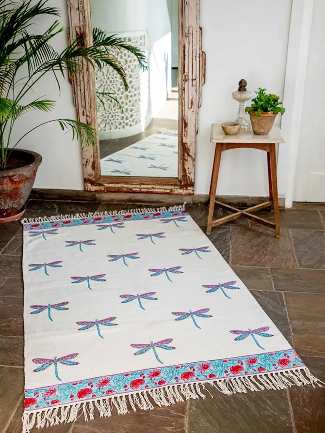 Dragonfly Block Printed Cotton Dhurrie Rug