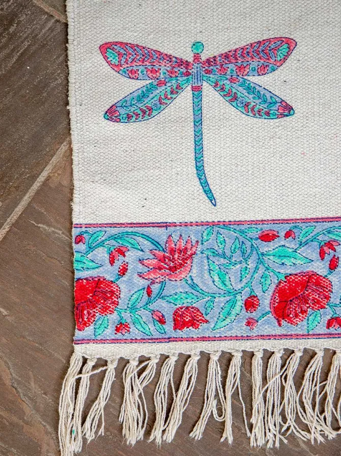 Dragonfly Block Printed Cotton Dhurrie Rug