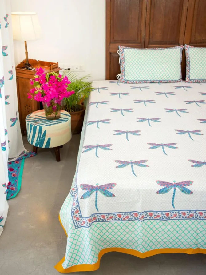 Dragonfly Block Printed Cotton Bedsheet