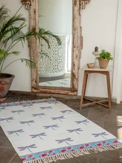 Dragonfly Block Printed Cotton Dhurrie Rug