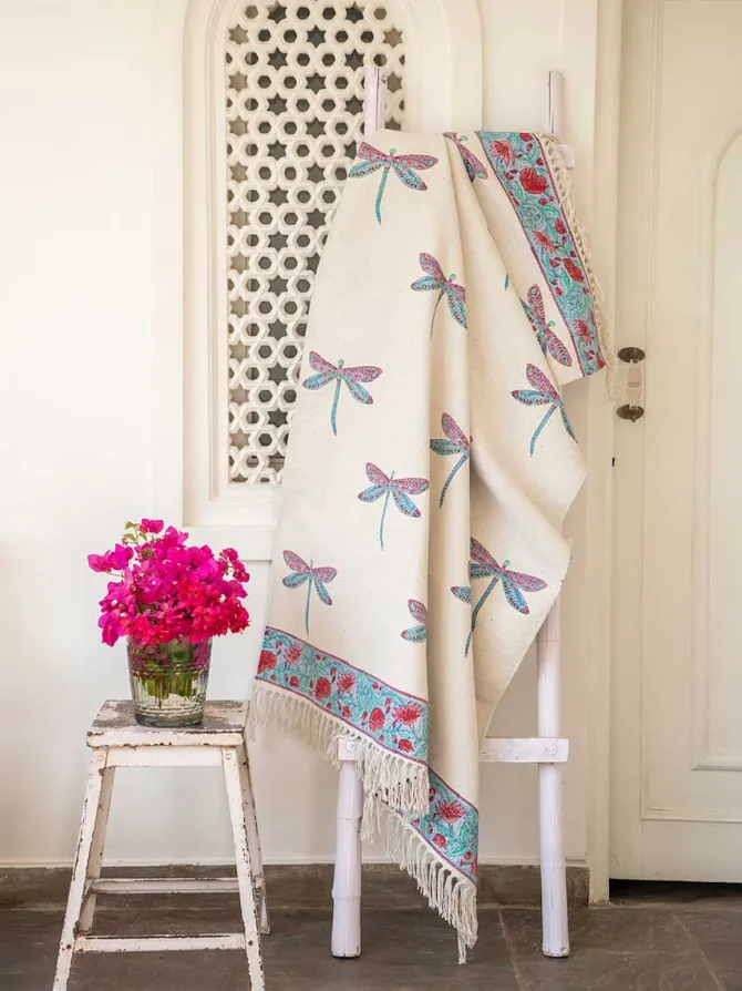 Dragonfly Block Printed Cotton Dhurrie Rug