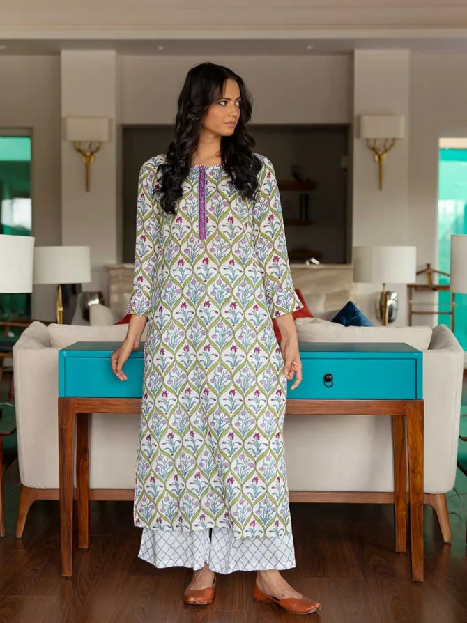 Falgun Cotton Rayon Hand Block Printed Long Kurta