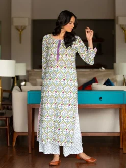Falgun Cotton Rayon Hand Block Printed Long Kurta