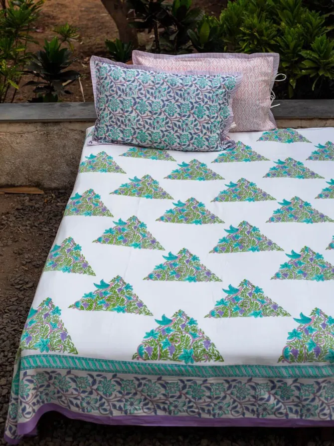 Fields of Lavender Block Printed Cotton Bedsheet
