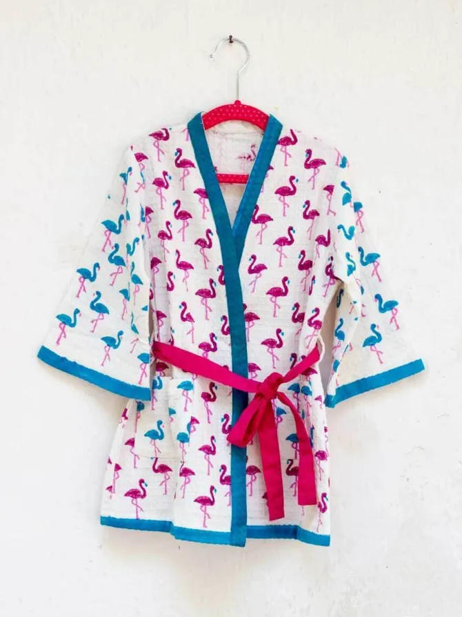 Flamingo Dance Block Printed Waffle Cotton Bath Robe