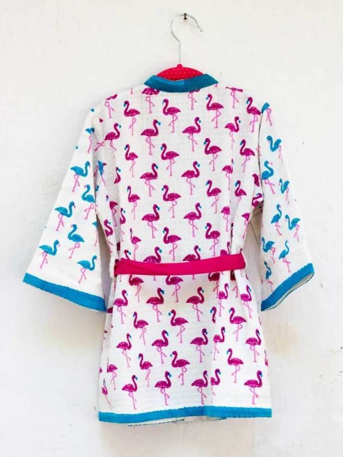 Flamingo Dance Block Printed Waffle Cotton Bath Robe