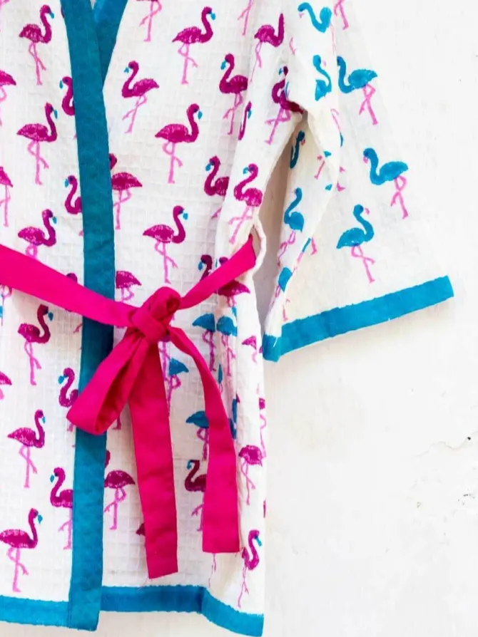 Flamingo Dance Block Printed Waffle Cotton Bath Robe