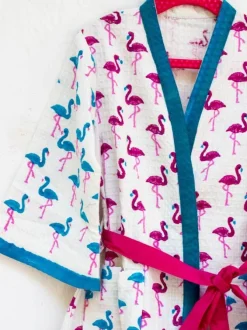 Flamingo Dance Block Printed Waffle Cotton Bath Robe