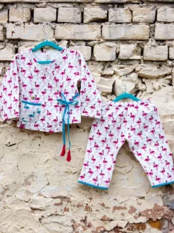 Flamingo Quilted Organic Cotton Block Printed Angrakha Set