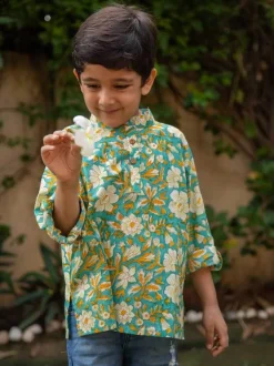 Floral Organic Cotton Shirt Kurta with Roll Up Sleeves