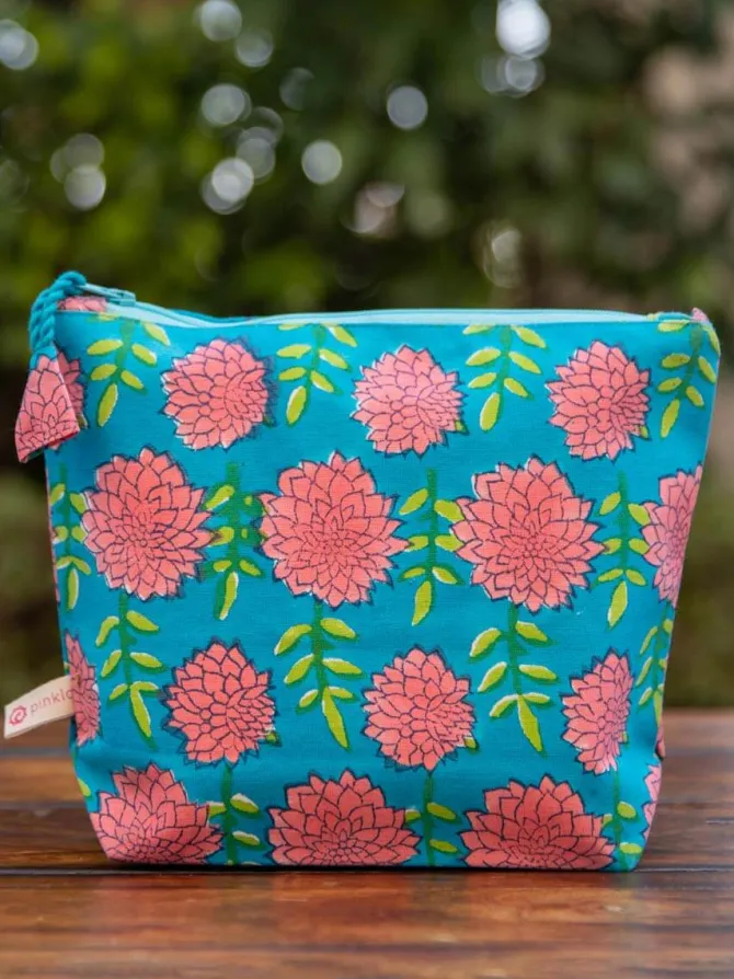 Floral Turquoise Block Printed Cotton Travel Case