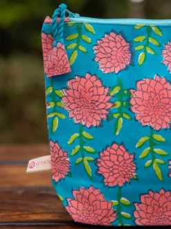 Floral Turquoise Block Printed Cotton Travel Case