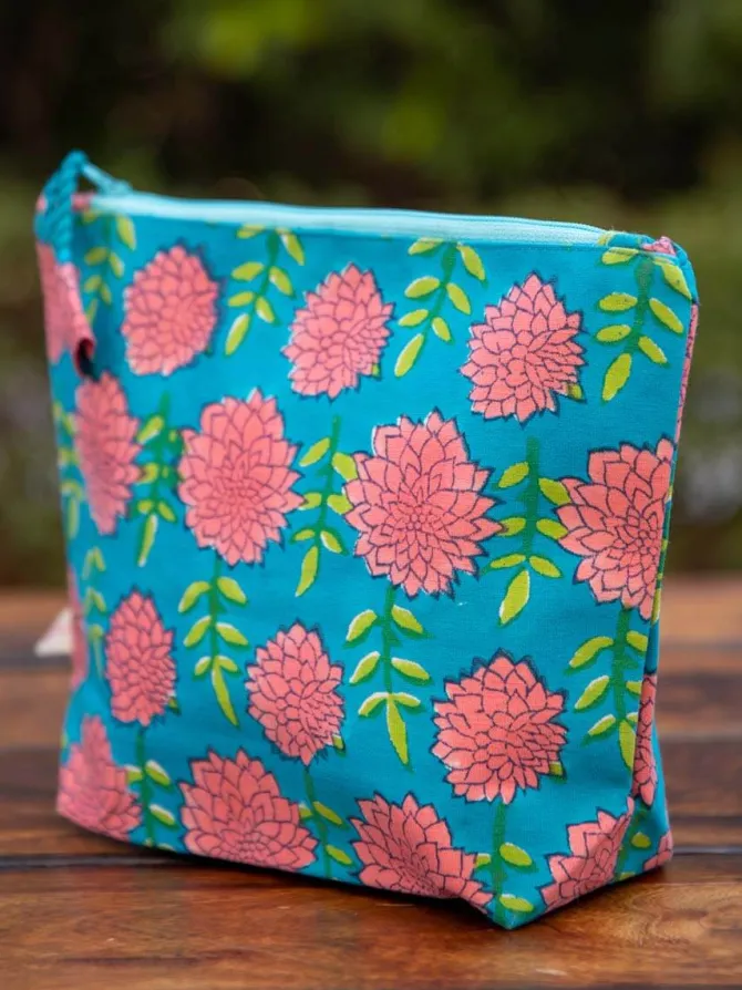 Floral Turquoise Block Printed Cotton Travel Case
