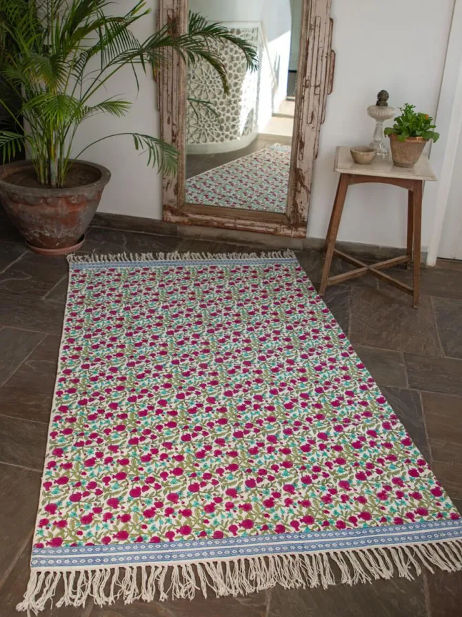 Fruits of Paradise Block Printed Cotton Dhurrie Rug