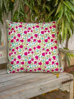 Fruits of Paradise Block Printed Cotton Cushion Cover - 24 Inch