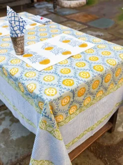 Golden Bloom Block Print Cotton Table Cover