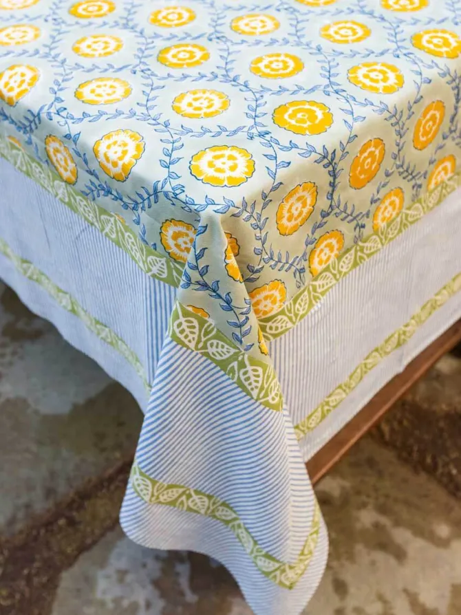 Golden Bloom Block Print Cotton Table Cover
