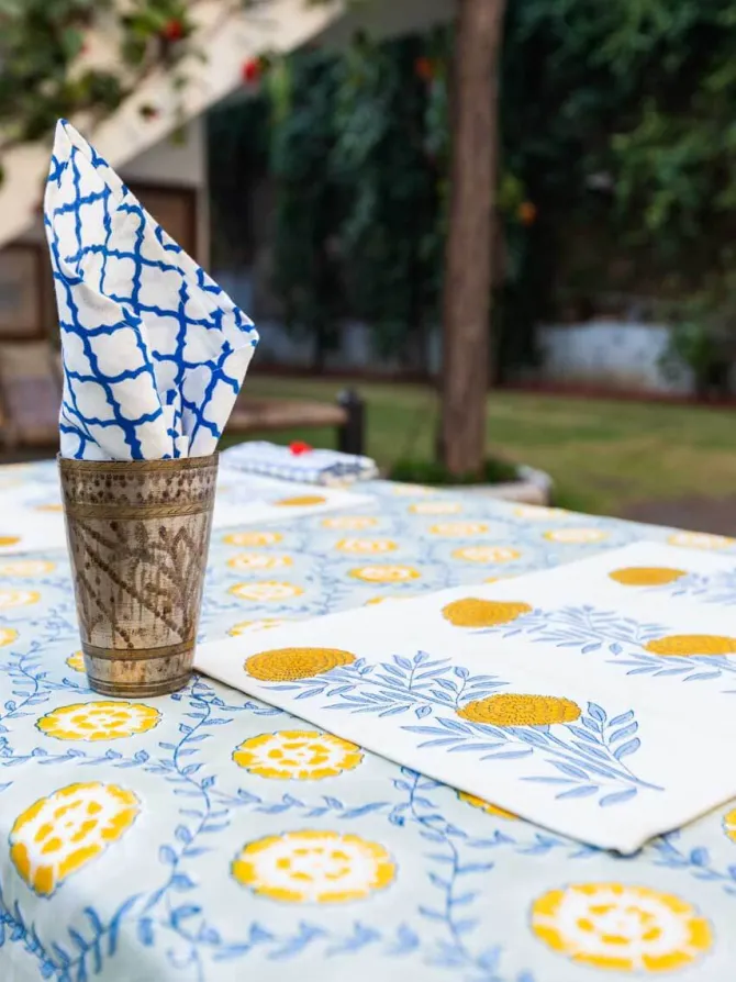 Golden Bloom Block Print Cotton Table Cover