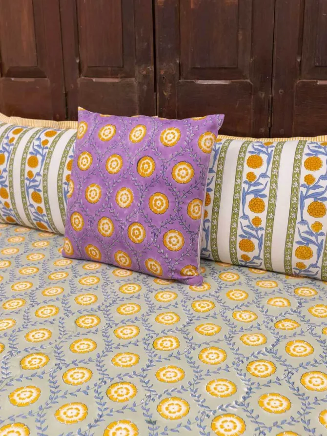 Golden Bloom Hand Block Printed Cotton Bed Sheet