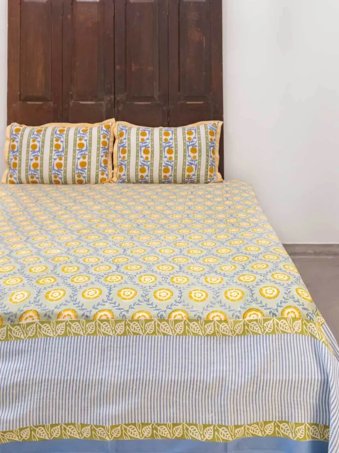 Golden Bloom Hand Block Printed Cotton Bed Sheet