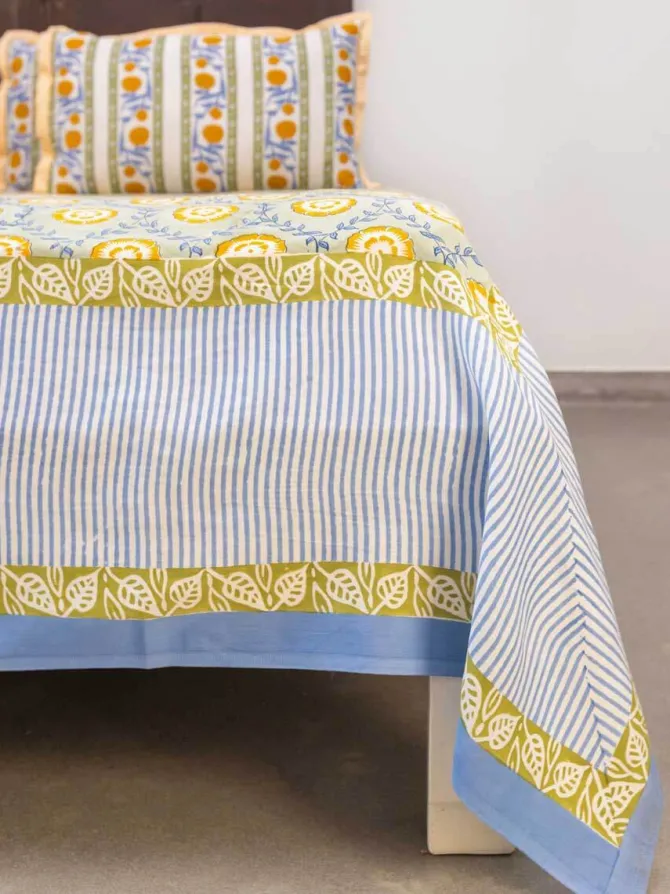 Golden Bloom Hand Block Printed Cotton Bed Sheet