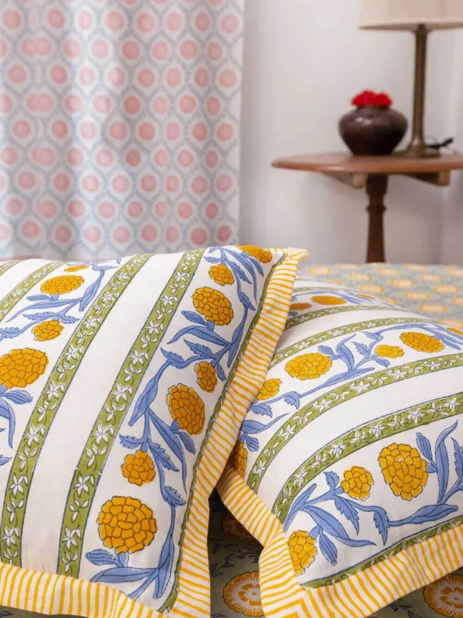 Golden Bloom Hand Block Printed Cotton Bed Sheet