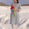 Grey Ikat Handblock Printed Cotton Kurta