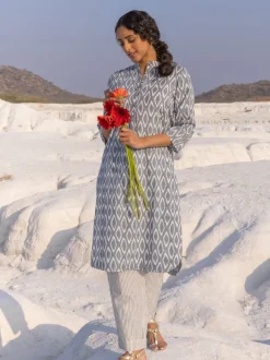 Grey Ikat Handblock Printed Cotton Kurta