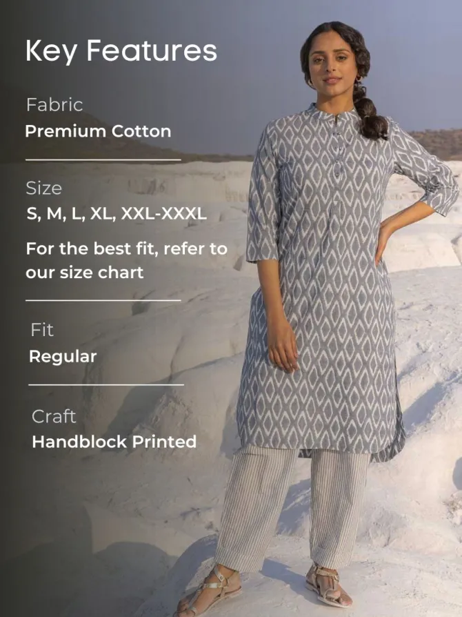 Grey Ikat Handblock Printed Cotton Kurta