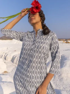 Grey Ikat Handblock Printed Cotton Kurta